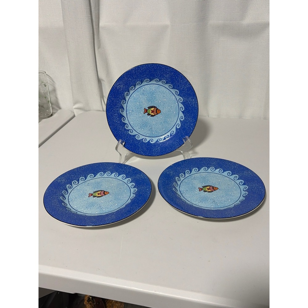 Sango Pisces Sue Zipkin Salad Plates Set of 3 Blue Fish Wave 4896 Vintage 1998